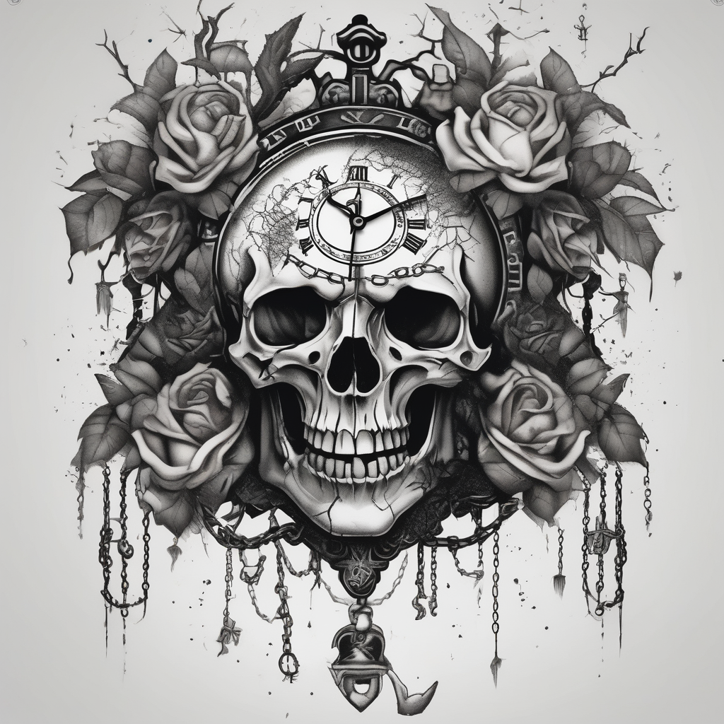 tattoo fool sleeve, tree roots break out of the chains, broken mask, clock with flying numbers, girl, skull, roses drake tattoos, AI-generated Dotwork tattoo design